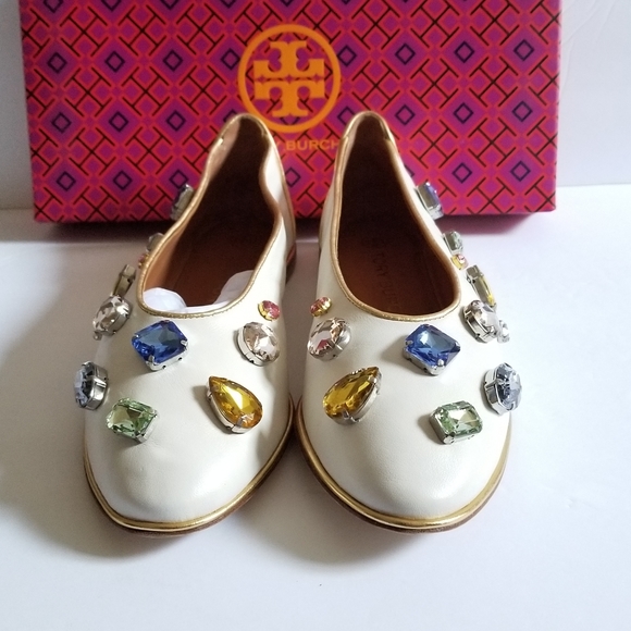 Tory Burch Crystal-Embellished Leather Flat Ballet Ivory Gold Size 9.5 - Picture 4 of 13